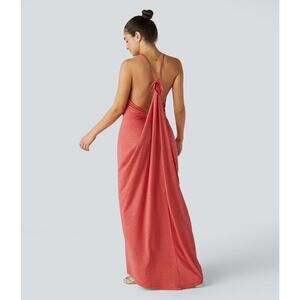 NEW Halara V Neck Tie Back Ruched Maxi Slip Dress Size XL Casual Comfort Resort